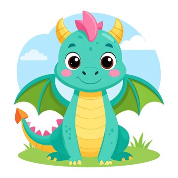 A cute cartoon dragon with green scales, yellow horns, and a pink crest on its head sits on grass with a blue sky background