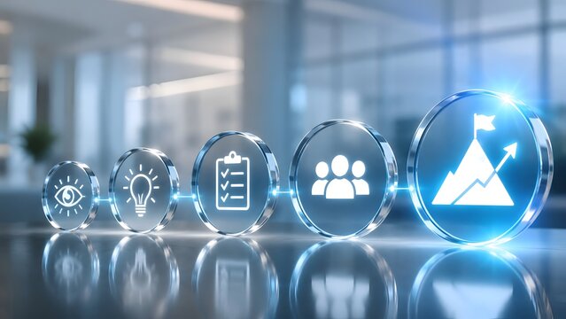 Transparent business workflow icons illustrating vision, innovation, planning, teamwork and achievement in modern corporate environment with copy space