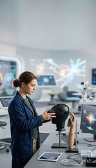 Fototapeta premium Young researcher testing VR headset in advanced technology laboratory
