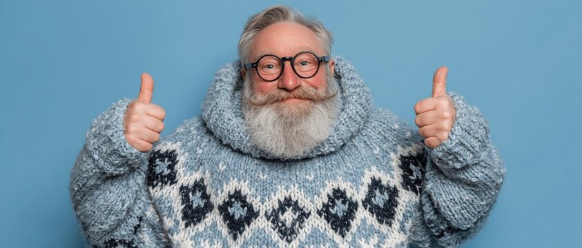 A cheerful senior man with a thick beard and glasses wears a cozy patterned sweater, giving two thumbs up against a solid blue background.