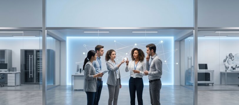 Young cybersecurity interns analyzing digital network in modern office