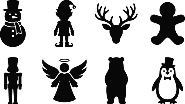 Christmas holiday silhouette icon set featuring snowman elf reindeer gingerbread nutcracker angel bear and penguin vector collection