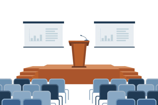 Empty Wooden Podium Stage with Projector Screens and Audience Seating Illustration