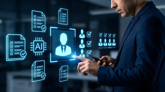 HR manager reviewing resume and job use AI checklist during recruitment and hiring process, selecting the best candidate through effective human resources and HRM management system