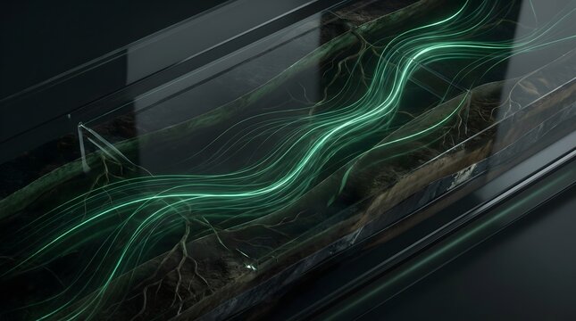 Abstract Flow of Energy through Soil and Roots: A visualization of vibrant green energy streams weaving through dark soil and intricate root systems, suggesting growth, connection.
