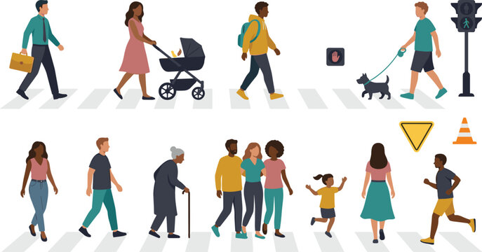 Pedestrians Crossing Street Vector Illustration Set Featuring Diverse People Walking, Stroller, Dog Walker, Crosswalk, Traffic Signal, and City Commuters