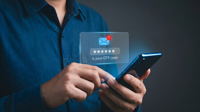 person receiving an OTP code through a message on their smartphone, ready to use for secure login. cyber security, data protection and secured internet access.