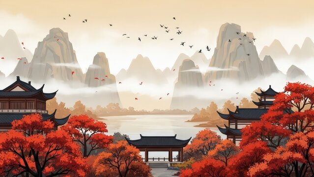 Asian landscape, traditional architecture, red trees, misty mountains, serene scenery