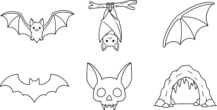 Set of cute bats flying hanging and cave illustrations for halloween coloring pages