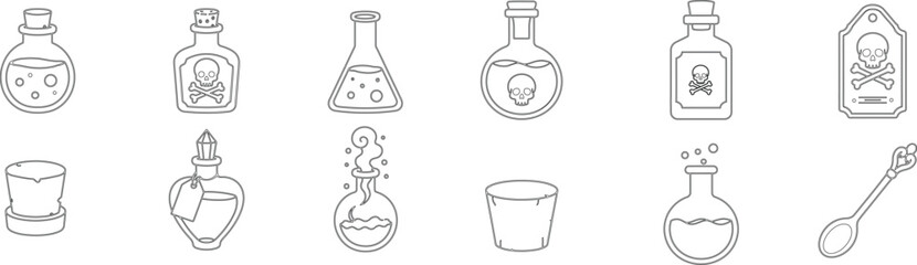 Set of hand drawn magic potion bottles and alchemist flasks in a sketch style collection © Simu Store