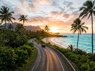 Fototapeta premium Coastal road along tropical beach at sunset, scenic ocean drive.