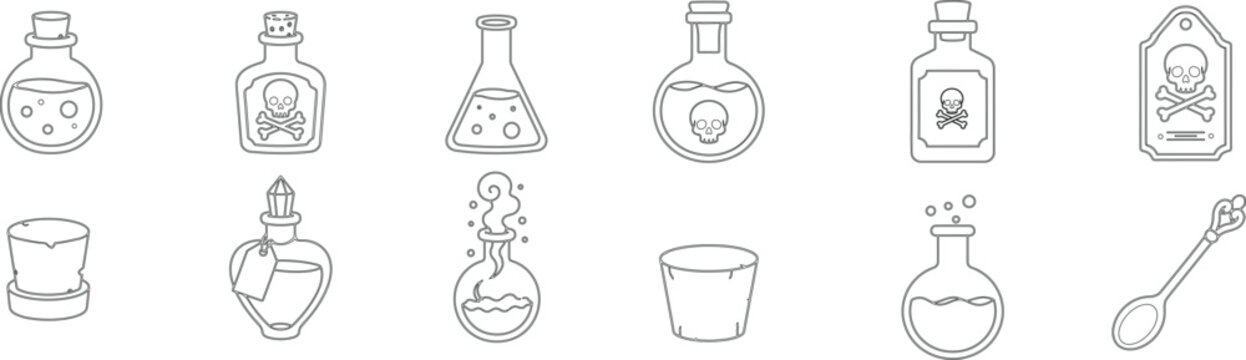 Set of hand drawn magic potion bottles and alchemist flasks in a sketch style collection
