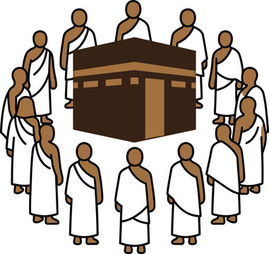 Islamic Hajj pilgrims performing Tawaf around Holy Kaaba vector illustration