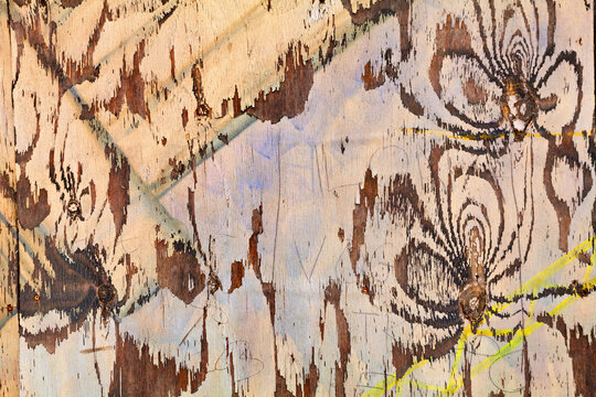 Weathered wood plank background with intricate, artistic, abstract patterns formed by cracked and peeling paint. Unique grunge texture.