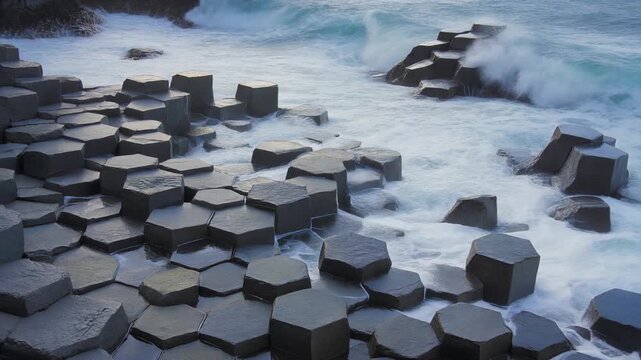 柱状節理の海岸に打ち寄せる波 シームレスループ動画背景 16:9 4K