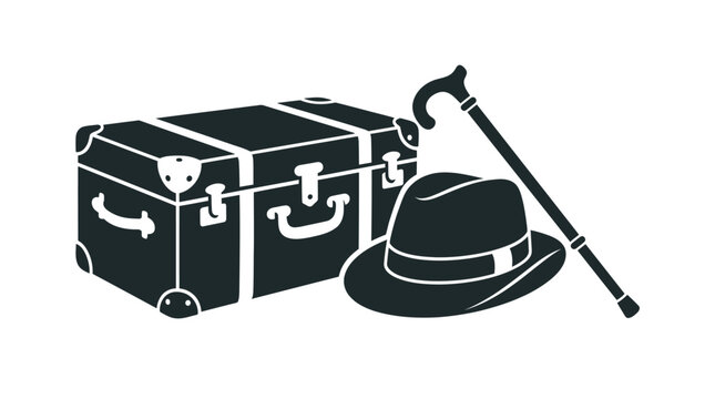 Vintage Travel Trunk with Fedora and Cane Vector