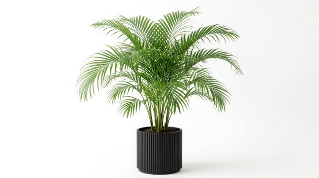 Tropical palm plant in black pot indoors