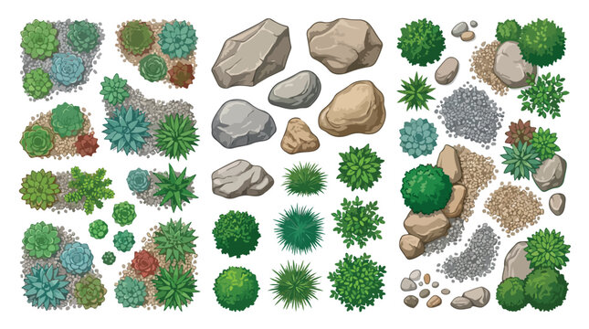 Top view garden landscape elements, collection of vector plants and rocks for map design, green bushes and stone boulders set for architectural site plans