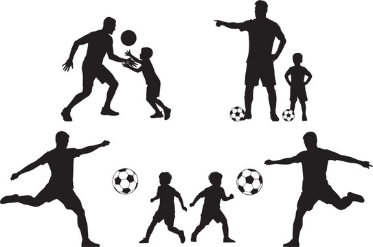 Black silhouette father and child soccer training vector illustration, family sports activities, football coaching poses isolated on white background