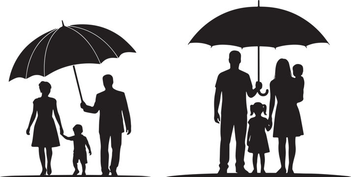 Black silhouette family under umbrella vector illustration, parents protecting children in rainy weather, love, safety and care isolated on white background