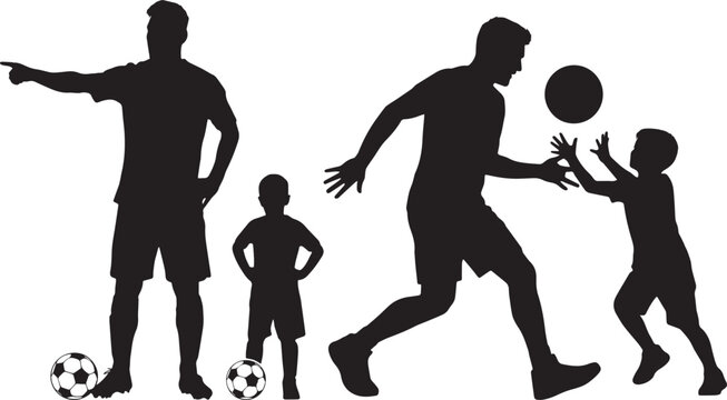 Black silhouette father and child sports vector illustration, soccer coaching and playful ball activity, family bonding isolated on white background