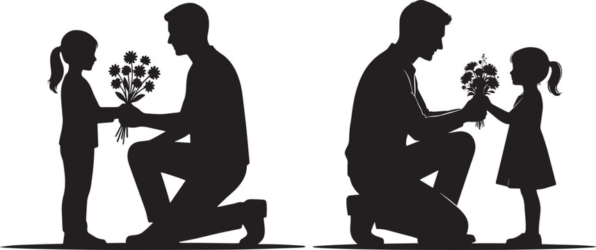 Black silhouette father and daughter with flowers vector illustration, loving family bonding, appreciation and care isolated on white background