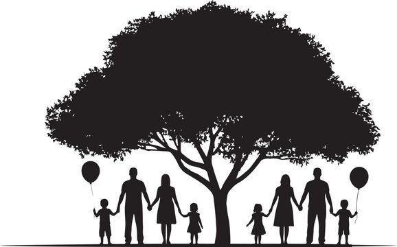 Black silhouette happy families under large tree vector illustration, community unity, parenting, outdoor togetherness, isolated on white background