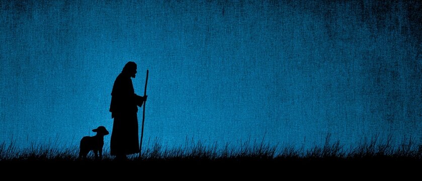 A silhouetted shepherd holding a staff stands beside a loyal dog against a textured blue background, evoking themes of guidance and companionship.