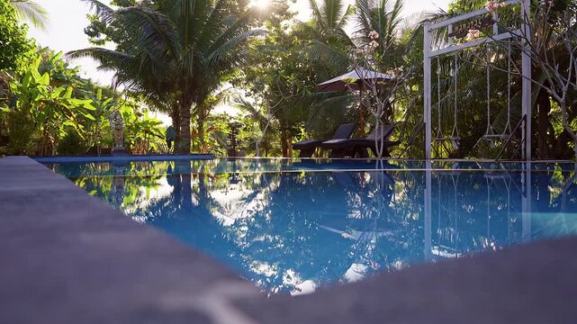 Serene tropical swimming pool surrounded by lush palm trees and exotic greenery during golden morning light. Calm water reflects the vibrant landscape, creating a peaceful vacation atmosphere ideal fo