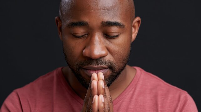 A Black man with closed eyes presses his hands together in earnest prayer
