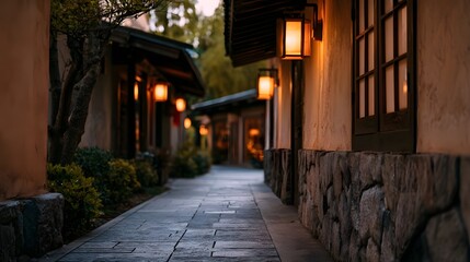 Fototapeta premium A quaint sunlit pedestrian walkway nestled between historic walls and charming shopfronts in a Mediterranean village setting
