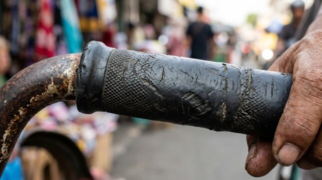 Close-up view of a worn traditional cycle rickshaw handle in a busy street of Indonesia