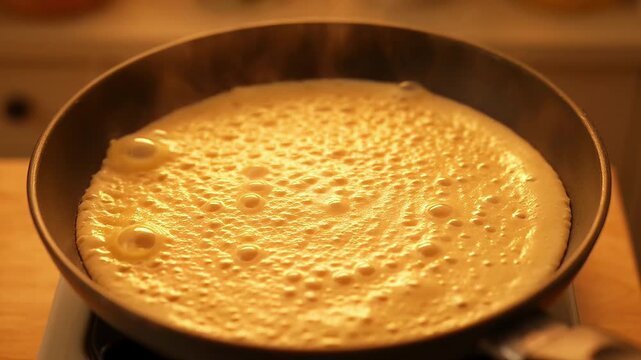 Pouring pancake batter hot frying pan