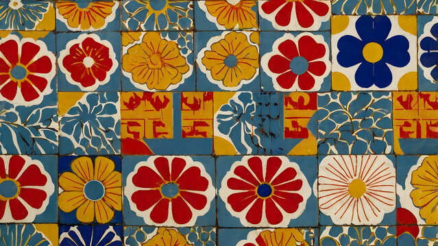 Bauhaus geometric block print flowers structured grid layout primary colors design