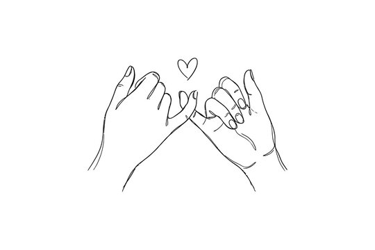 Linked hands with heart shape black line drawing on white background