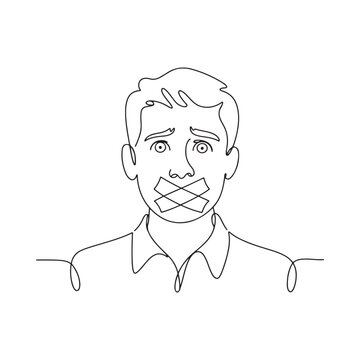 Man With Mouth Covered By Tape Continuous Line Drawing