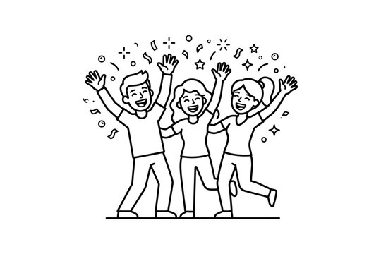 Group of people celebrating black line illustration on white background