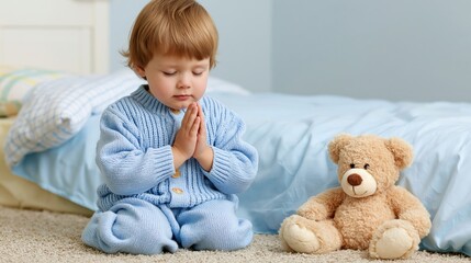 Fototapeta premium Young boy in blue pajamas prays by his bed with a teddy bear companion