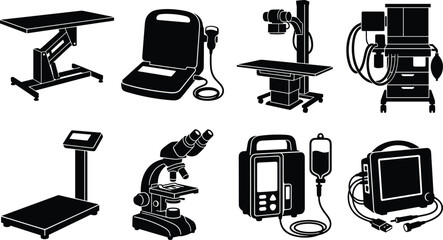 Fototapeta premium Medical and Laboratory Equipment Silhouette Vector Icons for Healthcare, Diagnostics, and Clinical Use
