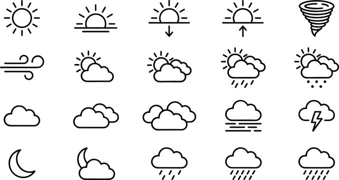 Weather Line Icon Set with Sun Cloud Rain Moon Tornado and Forecast Symbols for Mobile Apps and Digital Layouts
