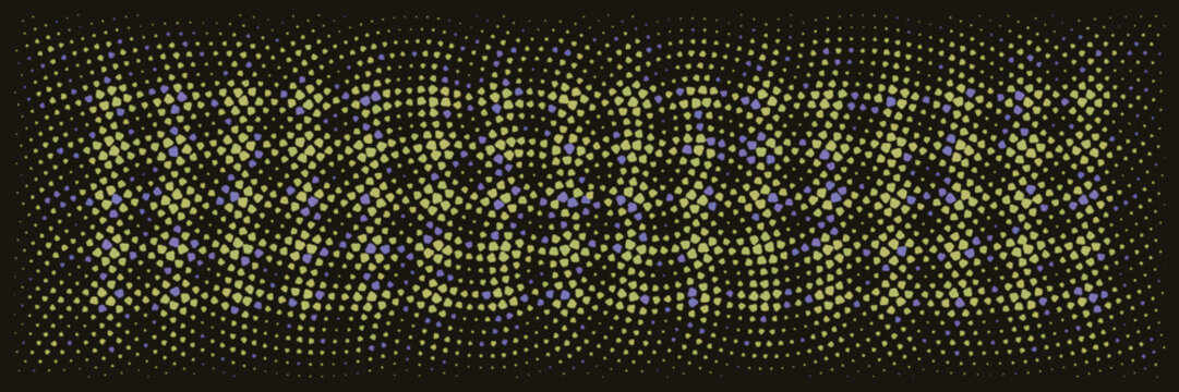 Abstract wavy halftone pattern with green and purple irregular dots