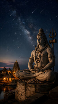 Majestic Meditating statue with Milky Way sky over temple