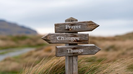 Naklejka premium Rustic wooden signpost with inspirational message about prayer and change