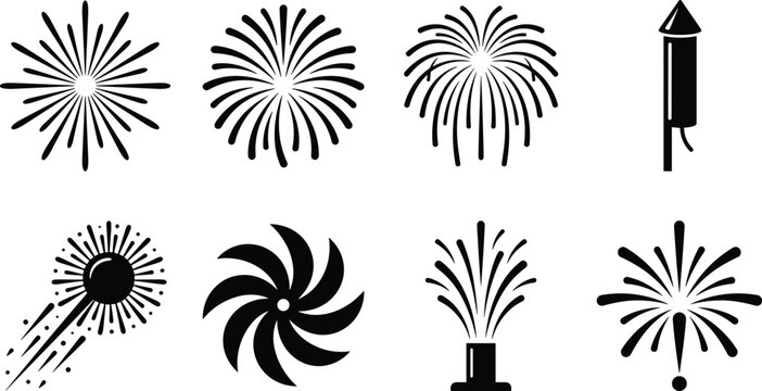 Firework icons set featuring rocket burst fountain explosion celebration pyrotechnic symbols in clean black silhouette vector style