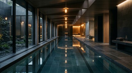 Fototapeta premium Relaxing in a luxury indoor spa swimming pool with modern architectural lighting design