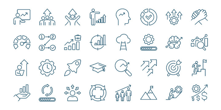 Business Growth Progress Line Icons Set Editable Vector Illustration Isolated on Transparent Background.