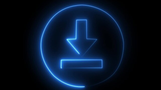 Download icon glows blue in a neon circle. This download icon represents a digital file transfer. Download icon animation for apps and website 4k video.