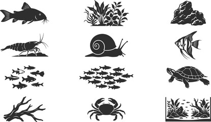 Aquatic Life and Aquarium Icon Collection with Fish, Crustaceans, Reptiles, Plants, and Habitat Symbols for Marine and Freshwater Graphic Design Projects © Joy