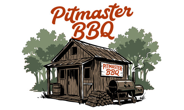 Rustic vintage Pitmaster BBQ smokehouse cabin with offset smoker and firewood, retro graphic illustration for t-shirt design and restaurant branding.