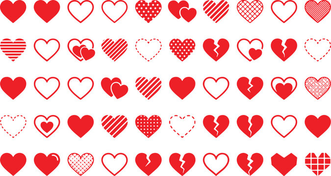 Red heart icon set valentine's day romance love broken hearts patterns